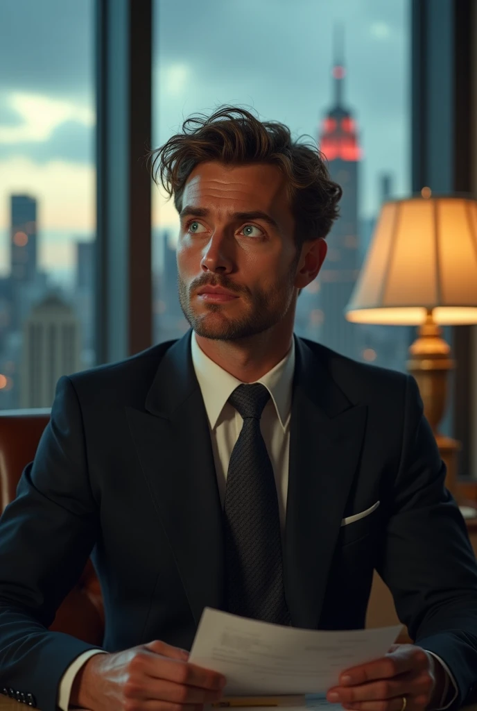 a handsome man with fair skin, short wavy chestnut brown hair with loose curls, beautiful detailed blue eyes, beautiful detailed lips, extremely detailed eyes and face, long eyelashes, muscular body, wearing a well tailored black suit, sitting at his chair...