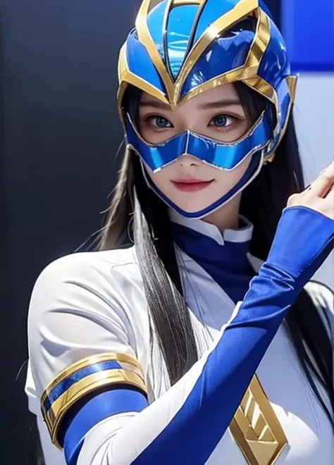 A woman smile, blue ranger suit, as she power rangers blue, helmet mask, long hair, high detailed, realistic, gloves, ultra realistic, ((full face helmet)),