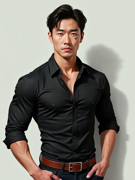 Song Seung-heon korean actrees,  fitbody, with veins and a scar on his face, black shirt and a brown belt, real image