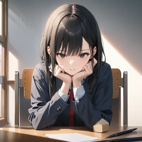 anime、((Amazingly absurd)),(masterpiece:1.2),超High resolution, Attention to detail, High image quality, High resolution, 最High image quality, 4K, 8k、Woman sitting on chair,In the classroom,Test it,I have a pen,Place your elbows on the desk,Proper Blur,Emph...