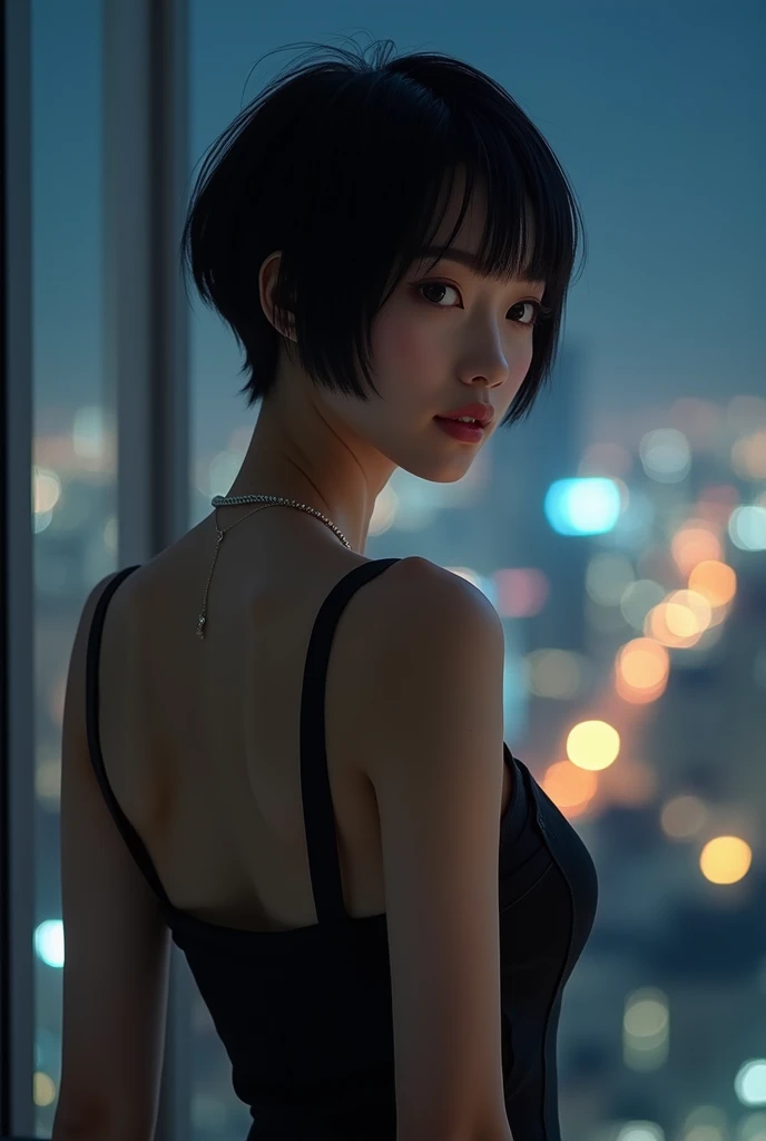 UHD, super detail, best quality, 8k, surrealism, masterpiece, photorealistic style, from back, ((face)), (a Japanese woman with sharp), intelligent eyes, elegant poised demeanor, Her smile is shy, open Mouth a little, a Super Short Hair, (pixie cut hair), ...