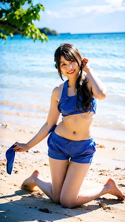 Asian woman in her fifties taking a photo wearing a bikini and striped shorts, Young slim gravure idol, Young and beautiful gravure idol, realistic Young Gravure Idol, Young and sensual gravure idol, Ayami Kojima, Kimi Takemura, Young Gravure Idol, Bright ...