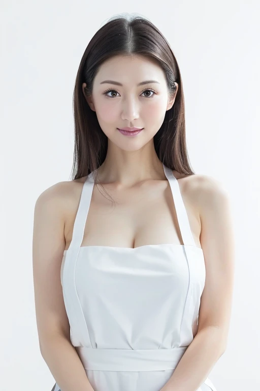 (Highest quality、Tabletop、8K、Best image quality、Award-winning works)、1. Beauty、(Naked and white apron:1.2)、(The perfect pure white apron:1.3)、(Cold, expressionless face:1.1)、Perfect portrait photography、Glowing Skin、Brown Hair、(Large Breasts:1.3)、(Accentua...