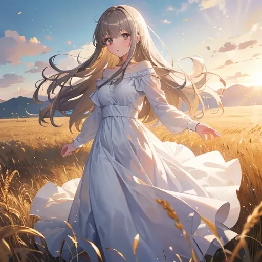 Nerfed, Young, woman, beautiful, long light brown hair with bangs, silver eyes, wearing a white dress, slightly surprised expression, in a golden wheat field. drawing style. Full body shot.