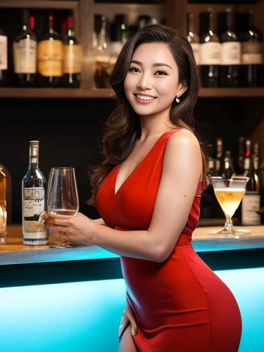 Beautiful Japanese Women、Sip a cocktail in a stylish bar:1.4), {1970s dresses:1.4}, (masterpiece, Best Quality:1.4), (8k, RAW Photos, Photorealistic:1.2), Detailed skin, Detailed face, Detailed eyes, (Wrinkles:1.3), Realistic body shape, Movie stills, Upli...