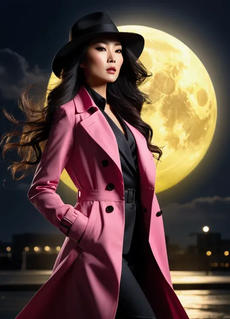 Full body shot, A sexy asian boss woman in a pink trench coat, bright yellow vest, black suit, mafia hat, long flowing hair, intense wind blowing, flowing coat, highly detailed photorealistic portrait, big detailed bright moon in the background, backlight,...