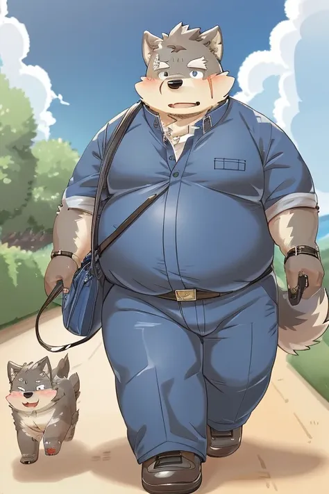 (jiro kishita、moritaka)weight gain、being overweight、（（male））（（黒色のfur））、fur、fluffy、cute、blush、(walking the dog)