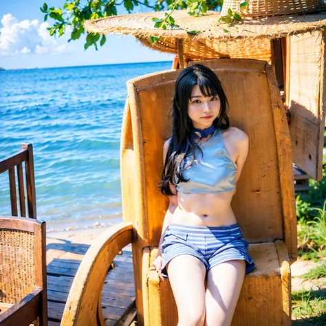 a young slim beautiful asian female gravure idol wearing bikini and striped shorts, realistic photo of a young gravure idol, young and sexy gravure idol, official portrait of ayami kojima, kimi takemura, bright sunny day, sensual figure and sexy abdomen, j...