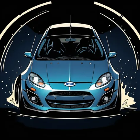 “2D cartoon-style illustration of a 2011 model metallic navy blue Ford Fiesta, with all the accessories of a racing car, positioned inside an oval ellipse that gives the impression of 3D. The car appears to be coming out of the ellipse as if it were speedi...