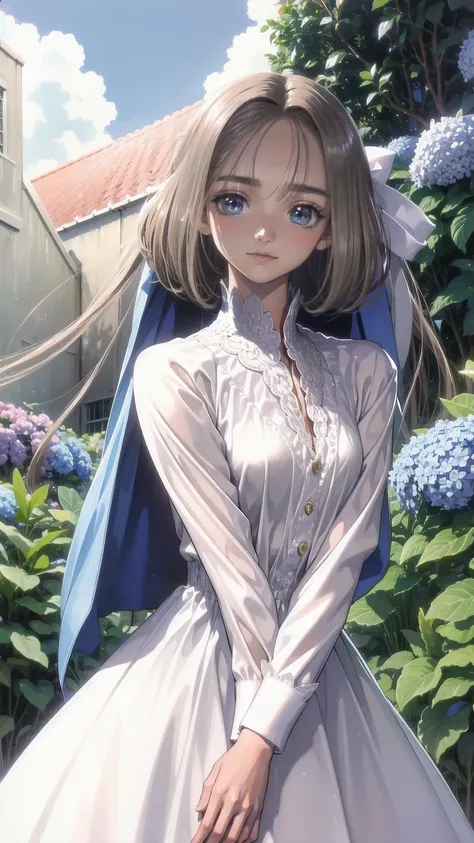 Best Quality,masterpiece,Watercolor style,girl,blonde,blue eyes,White Dress,Red Ribbon Hydrangea,after the rain,rainbow,Looking up at the sky,smile,The light spreads,White Dress,Sailor collar,Long sleeve,Dark blue on the cuff,Line on the cuff,,Shortcuts,