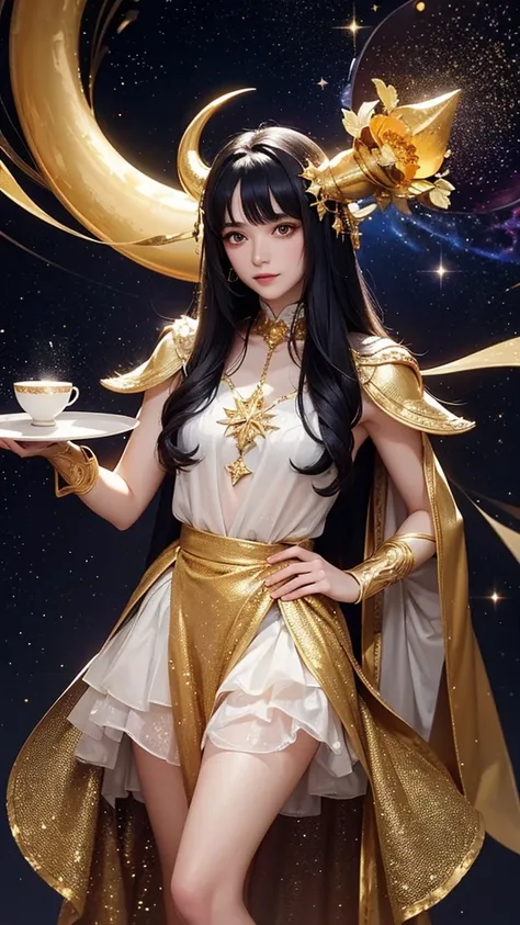 the picture showcases a whimsical and enchanting scene featuring a character with long black hair adorned with golden horns and ...