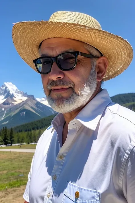 A middle-aged man with a white beard，Wearing glasses and a straw hat，White beard，Wear a denim shirt and a white T-shirt，Behind him is the blue sky and snow-capped mountains。