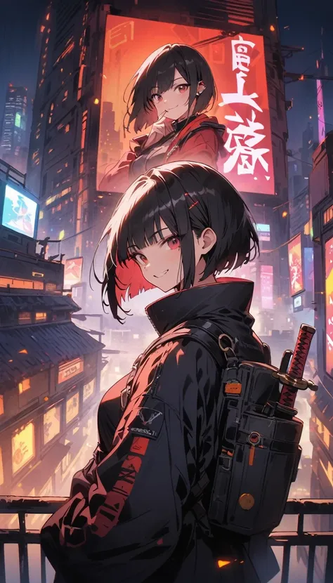 Beauty　smile　Bobcut　Reckless attitude　Evil look　tits　warrior　samurai　Hold the sword　Neon city at night　Machine City　Cyberpunk　Japanese Castle　rooftop　Photograph the whole body　Overlooking the city