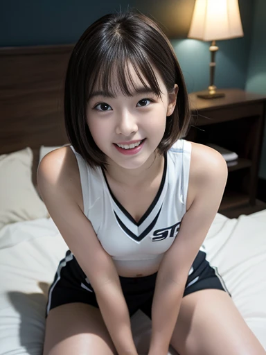 Close-up photo of a woman、The most beautiful Japanese girls、(:1.5)、(:1.2)、Laughter、double eyelid、Droopy eyes、detailed、Beautiful Eyes、Cute eyes、bangs、Black Hair、short hair、(Volleyball Uniforms: 1.2)、(Shorts)、High waist、Super cute idol face、(younger sister:1...