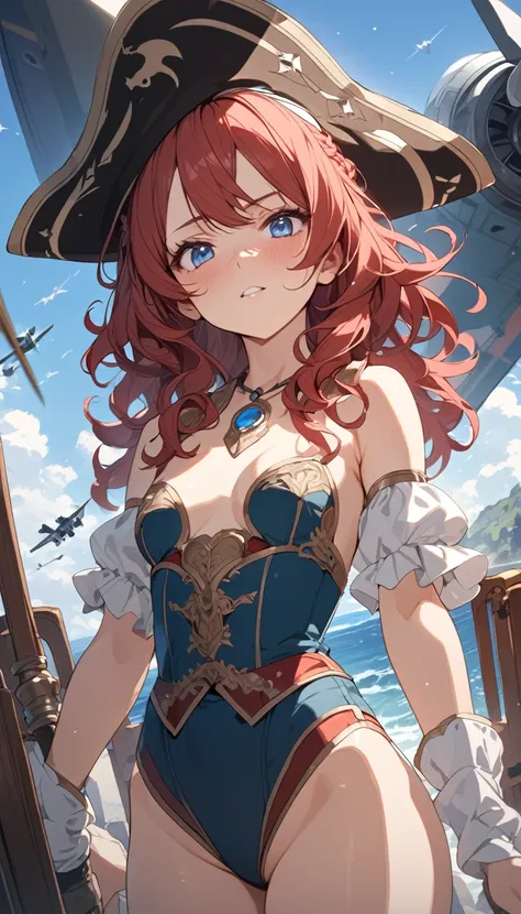 masterpiece, Best Quality, High resolution, Super detailed, Anime Style,  Fantasy, Cowboy Shot, One Girl, solo, Noble Female Pirate,  Cute face, Standing, Small breasts, Red medium wavy hair, break, Blue Eyes, break, Aircraft, Outdoor, 