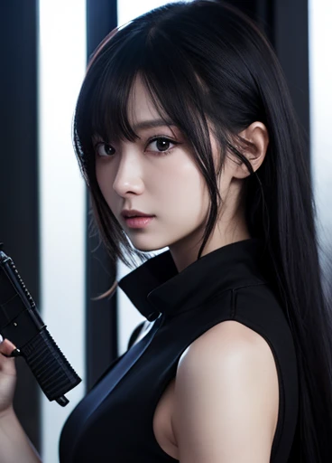 Black Dress、Jet Black、Long Black Hair、female、A little adult、assassination、gun、cool、{gun}、{Sharp}、red、{Purple Eyes}、{Glass}、{Face close-up}、assassination者、{darkness}{少female}{Dark Background}{Black hair straight}{gun}{Black coat}、whole body