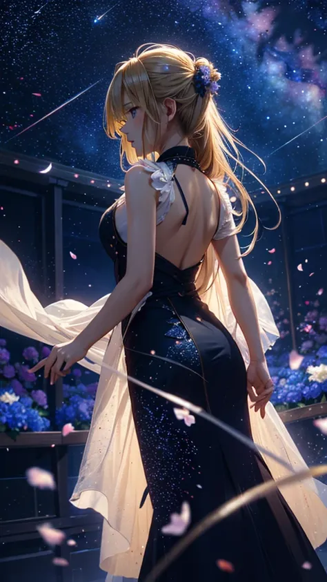 １people々々々々々々々々々々,Blonde long hair woman，Dress Silhouette，，Dancing Silhouettes，dance， Rear View，Starry Sky，milky way，Space Sky, Florid，Colorful flowers，Swaying petals，