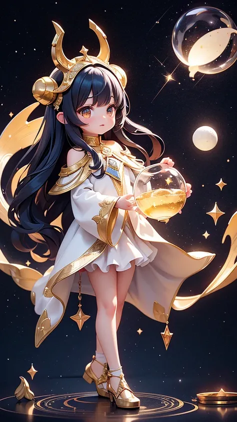 The picture showcases a whimsical and enchanting scene featuring a character with long black hair adorned with golden horns and flowers, standing inside a Turkish chai glass. The glass, which appears to be filled with a galaxy-like substance, sits on a mat...