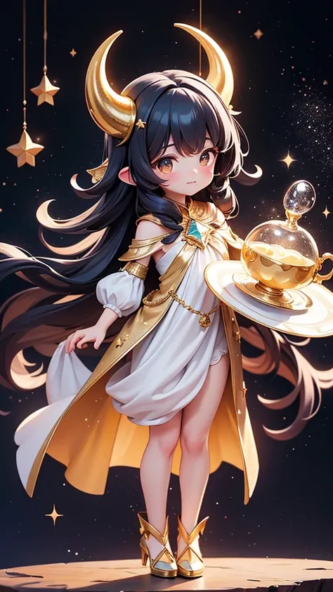 The picture showcases a whimsical and enchanting scene featuring a character with long black hair adorned with golden horns and flowers, standing inside a Turkish chai glass. The glass, which appears to be filled with a galaxy-like substance, sits on a mat...