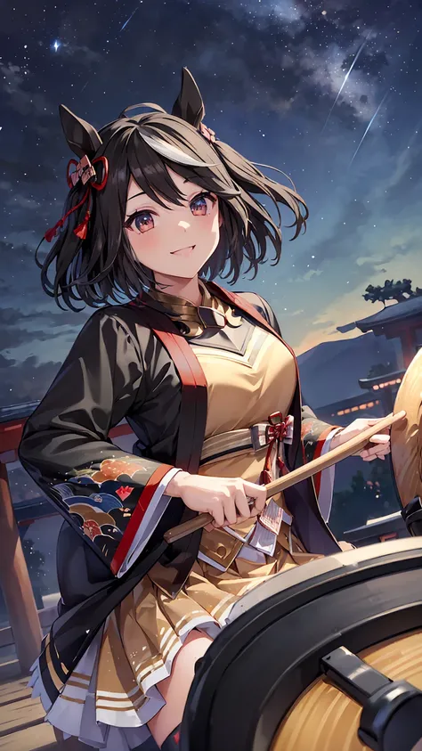 masterpiece, Please redeem, High resolution, Very detailed,(((Kitasan Black))), (((Private Server)))、(((Playing the drums。)))、(((smile)))、(((lanthanum)))、(((Night Sky)))、(((Japanese Style Town)))、(((Beautiful Eyes)))