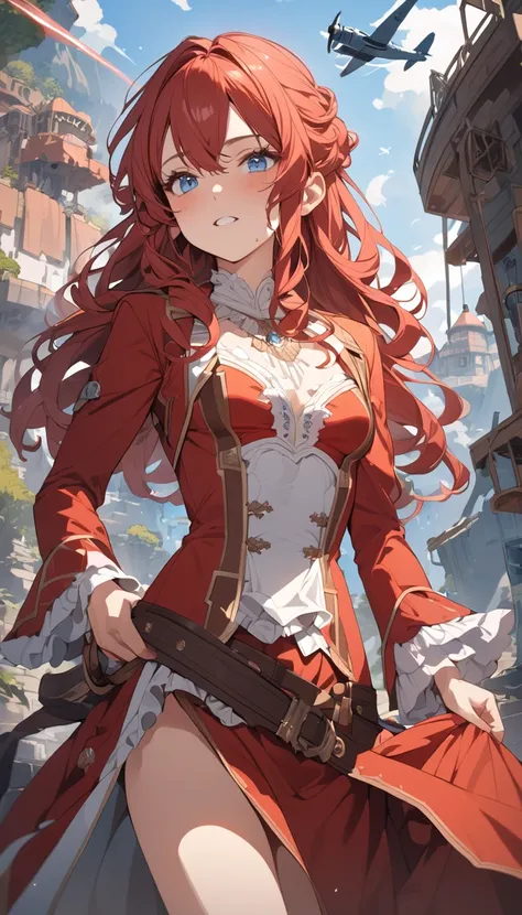 masterpiece, Best Quality, High resolution, Super detailed, Anime Style,  Fantasy, Cowboy Shot, One Girl, solo, Noble Female Pirate,  Cute face, Standing, Small breasts, Red medium wavy hair, break, Blue Eyes, break, Aircraft, Outdoor, 