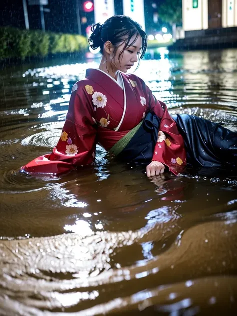 Realistic, long-sleeved kimono, hakama, long hakama, floral kimono, wet clothes, soaking wet clothes, clothes that glow when wet, clothes with a wet texture, clothes that get wet and stick to the body, night, getting wet in the rain, heavy rain, rain, rain...