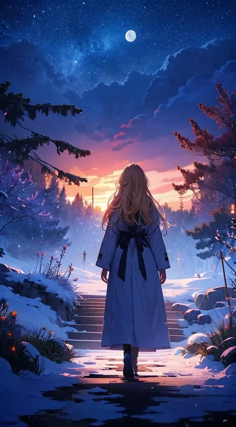 １people々々々々々々々々々々々々々々々々々々,Blonde long hair woman，Snow Scene，Long coat， Dress Silhouette， Rear View，Universe ，Florid，Winter Night，moon，Colorful flowers