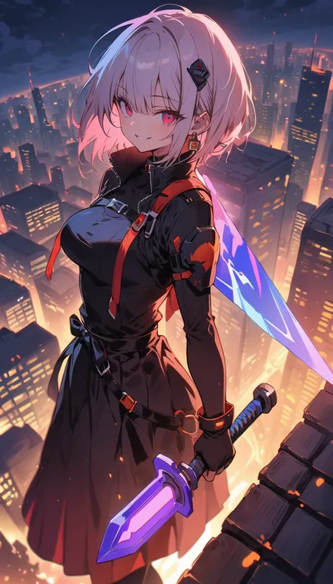 Beauty　smile　Bobcut　Reckless attitude　Evil look　tits　warrior　samurai　Hold the sword　Neon city at night　Machine City　Cyberpunk　Japanese Castle　rooftop　Photograph the whole body　Overlooking the city