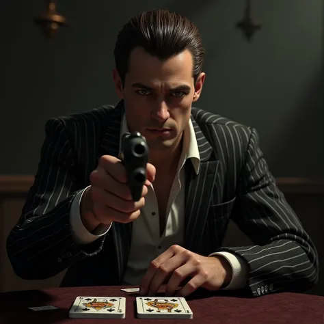 masterpiece, photorealistic, video game, horror, Ultra HD, 16 thousand., complex details,  complex details, maximum detail, a typical gangster with slicked back brown hair and black eyes, dressed in a stylish black and white striped tailored jacket and a h...