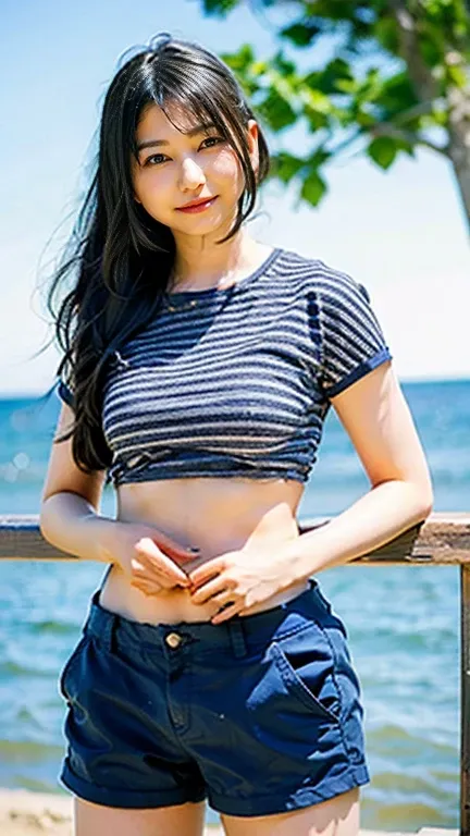 asian woman taking a photo wearing micro bikini and striped pants, young and slim gravure idol, young and beautiful gravure idol...