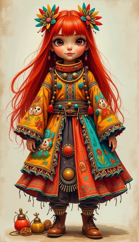 Costume-like outfit, made from folk toys. Worn by a girl with indigenous facial features and long hair., red hair sketch art 