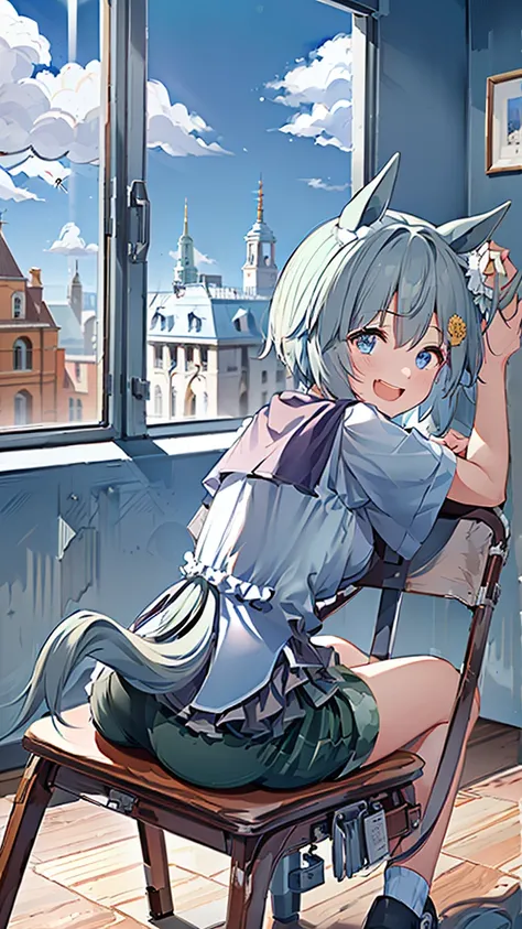 masterpiece, Best Quality, High resolution, Very detailed,(((Seiun Sky))), (((Horse Girl))), (((White T-shirt))), (((Shorts))), (((Sitting in a chair))), (((Facing forward。))), (((indoor))), (((window))), (((Against the backdrop of blue sky))), (((Laughing...