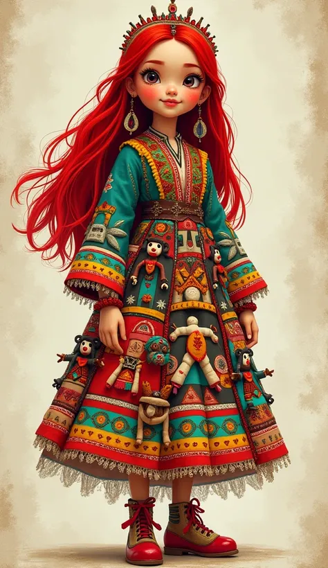 Costume-like outfit, made from folk toys. Worn by a girl with indigenous facial features and long hair., red hair sketch art 