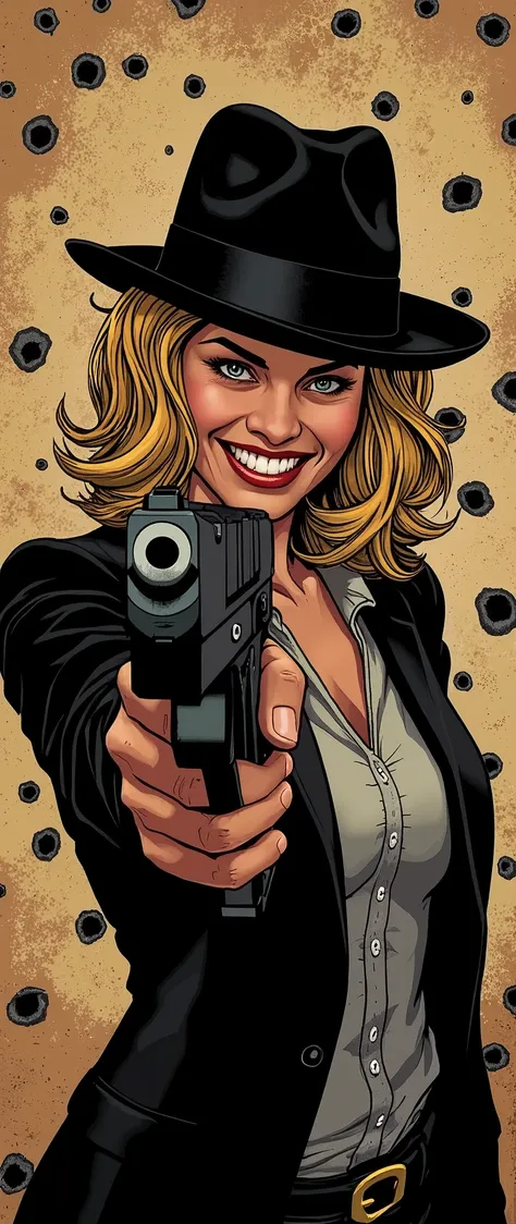 (best illustrations:2.0),crazy smile,evil villain,vector art,mafia female boss with a big smile,gangster,hat,(ready your gun?:2....