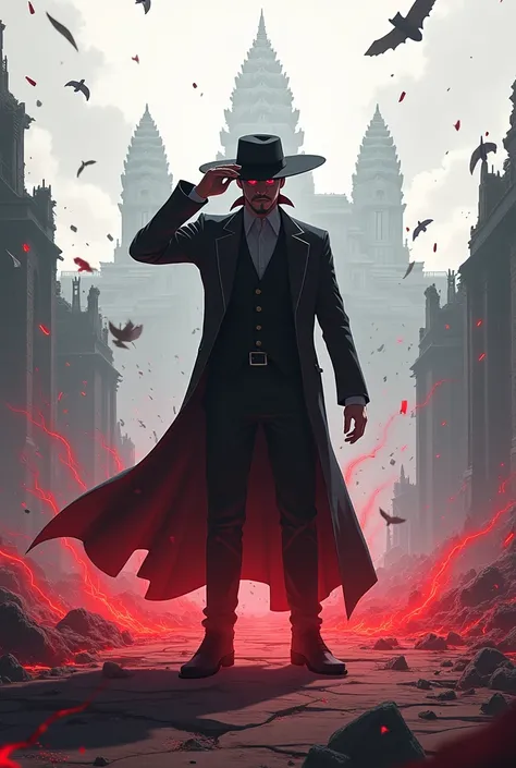 Generator (cover Facebook)Style anime about A man stood in the middle of the battle, wearing a coat and a hat. He raised his right hand to hold the hat and covered his eyes from the right side, while his left eye flashed red. He bowed his head slightly and...