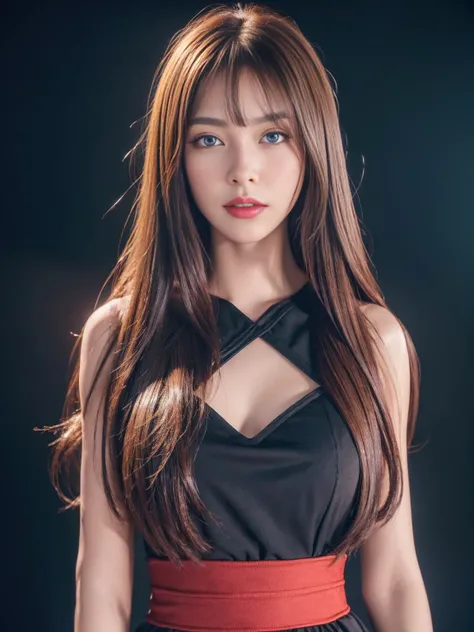 ((masterpiece)), ((Please redeem)), ((High resolution)), ((Detailed Background)), ((Highly detailed CG Unity 8k wallpaper)), Alone, Shiona, Brown Hair, Long Hair, blue eyes, Hair bundle, Cowboy Shot, Black Background、Red dress、Eyeshadow、Red lipstick、