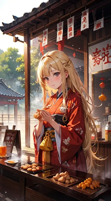 １people々々,Blonde long hair woman，Drink at a food stall，Oden，Boiled food，steam，