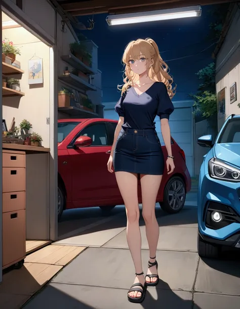 pretty young woman, walking into garage room at night, car behind her, she has  blonde wavy hair, wearing dark-pink 3/4 puff sleeves v-neck t-shirt, dark navy-blue denim pencil mini skirt, sneaker sandals, BREAK, ((best quality,4k,8k,highres,masterpiece:1....