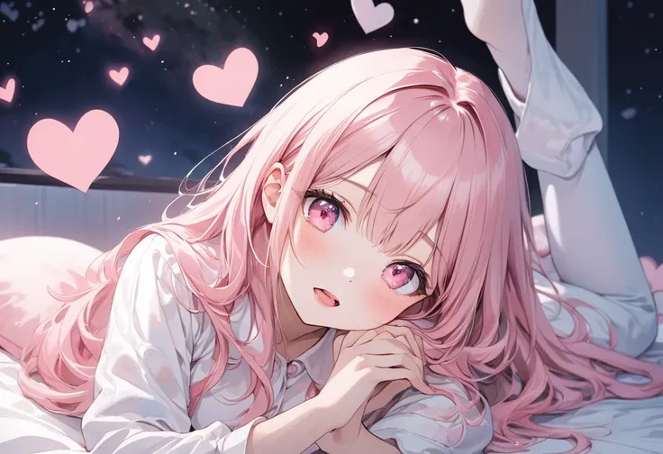 (beautiful and delicate), (watercolor and pastel color style), solo:2 (pov), (delicate straight) (pastel pink color hair long hair) (best cute girl) (cute pink eyes), (soft open mouth, glossy lip), (Heart sign with hands), in a cute white pajamas, break, i...