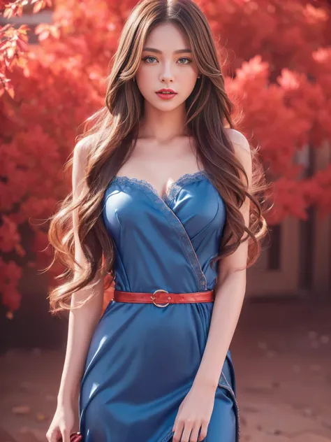 ((masterpiece)), ((Please redeem)), ((High resolution)), ((detailed background)), ((Highly detailed CG Unity 8k wallpaper)), Alone, Shiona, Brown Hair, Long Hair, blue eyes, Hair bundle, Cowboy Shot,Depth of written boundary、Red dress、Eyeshadow、Red lipstic...