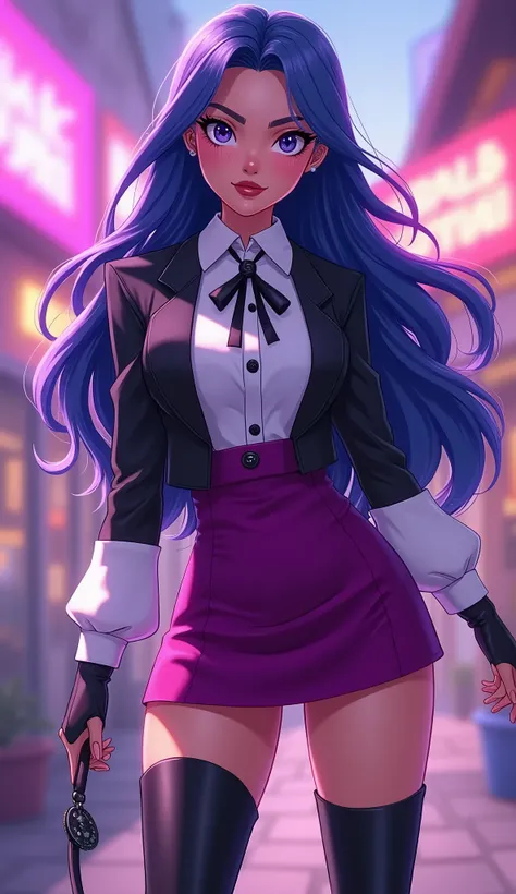 Zatanna from DC Super Hero Girls 2019, long purple hair, straight purple hair, sparkly purple hair, magical purple hair, Zatanna is a beautiful teenage girl with fair skin and a distinctive hourglass figure, thick light indigo hair that reaches mid-thigh w...