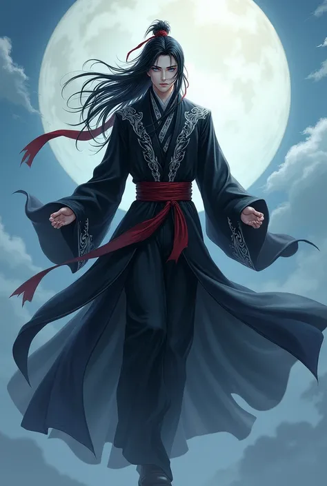 Full body image, handsome young protagonist xianxia,long black hair,red ribbon tied on hair,handsome face,dark blue eyes,floating on sky,villain aura menacing,use full black robes,and silver pattern motiv,cold gaze,no smile,ultra hd ,better quality