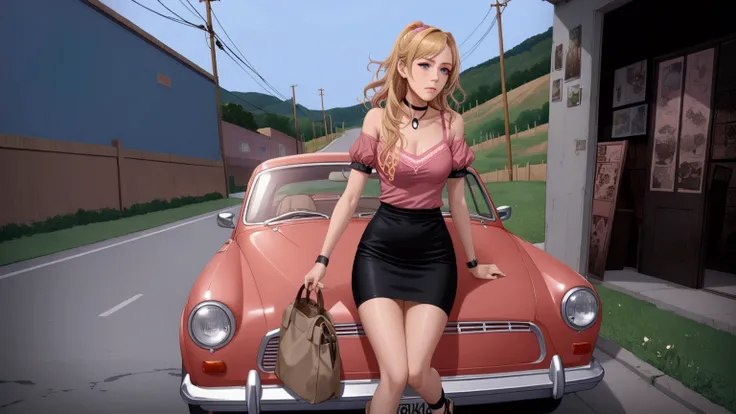 pretty young woman, car behind her, she has blonde wavy hair (swept-side bangs, half up half down), wearing dark-pink short puff sleeves off-shoulder, dark-pink camisole straps, dark blue-gray denim pencil mini skirt, dark-beige platform sandals, brown bag...