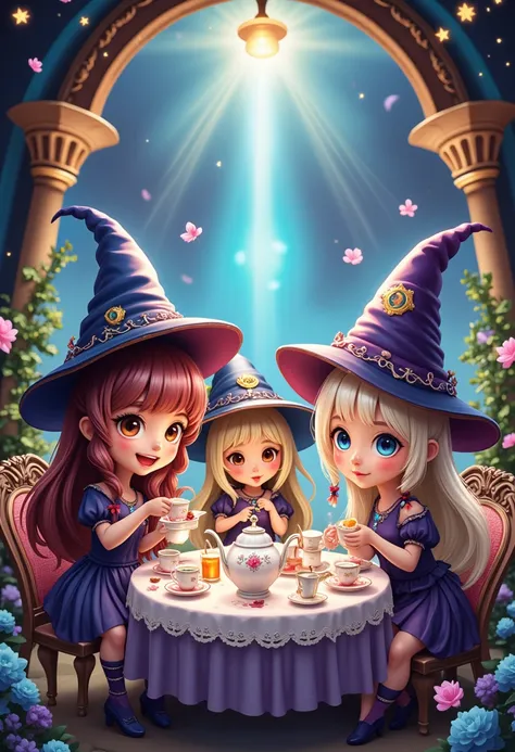 masterpiece, Best Quality, magic使いのお茶会, magic tea , magic, Chibi, The charming witches, Highly detailed and realistic eyes, happy, Vibrant, colorful,