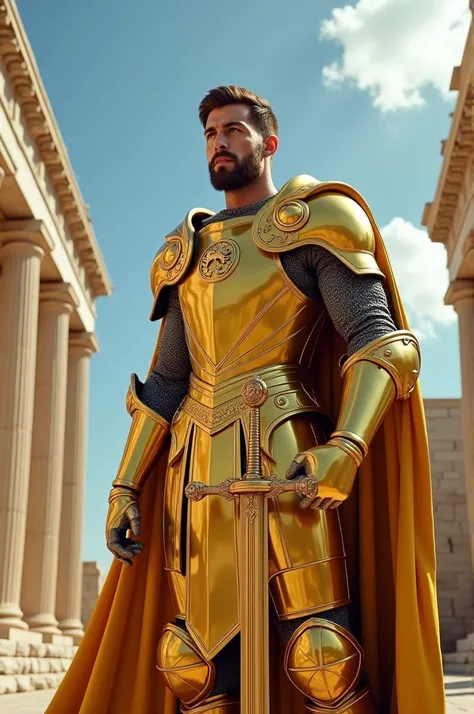 A golden knight in golden armor guardian of the 12 houses knight of cancer ancient greece setting 