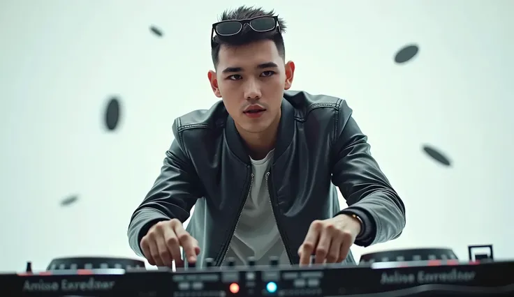 Photo realistic highly detailed close shot to the eyes of handsome Asian male DJ, trendy crew hair cut high light, wearing black fashion glass in hair, wearing cool DJ metal mix colonel fashion costume, leather jacket, dynamic floating posing, lying in mid...