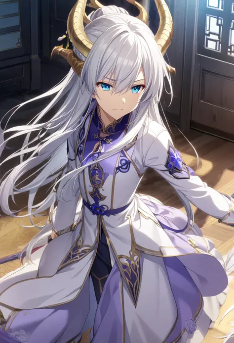 1boy, white hair, long hair, blue eyes, white-purple clothes, male, chinese-dragon horns, CG