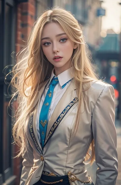 Highly detailed portrait of a beautiful young woman with striking blue eyes, Long blonde hair, Slim figure, He is wearing an antique tuxedo with bare shoulders.., Set in an urban environment, (Best Quality, 4K, 8k, High resolution, masterpiece:1.2), (Reali...