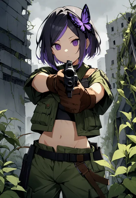 score_9, score_8_up, score_7_up, source_anime, 1girl, solo, looking at viewer, black hair, purple hair, short hair, multicolored hair, sidelocks, parted bangs, purple eyes, empty eyes, leather bandeau, black bandeau, ruins, overgrown, post-apocalypse, hold...