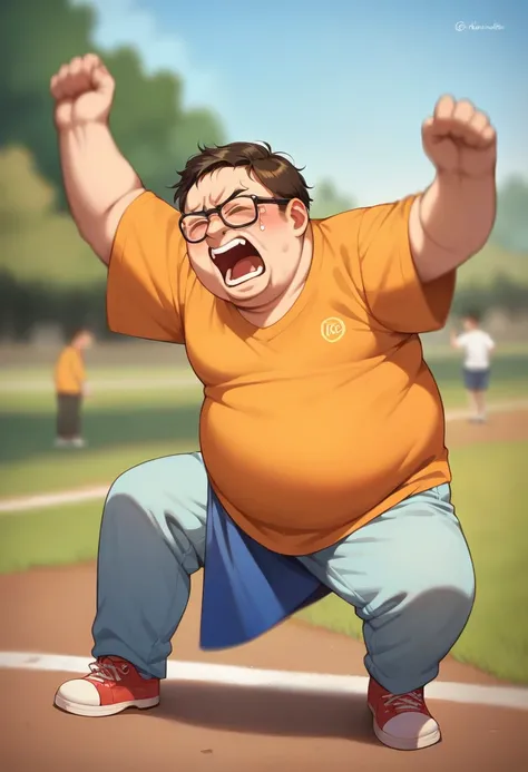 score_9, score_8_up, score_7_up, best quality,masterpiece,(source_anime:1.2), 1 man, geek,"HORNY" TEXT wearing glasses, yelling, (crying:0.8), eyes closed, fat,  angry, (depth of field, blurry:1.2), shoes